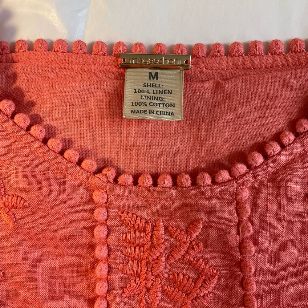 Magaschoni Coral Linen Embroidered Ruffle Hem Sun Dress - Picture 4 of 5